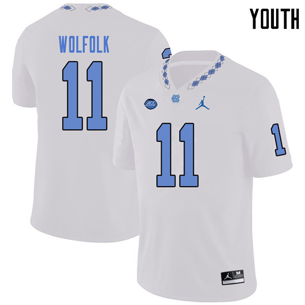 Jordan Brand Youth #11 Myles Wolfolk North Carolina Tar Heels College Football Jerseys Sale-White